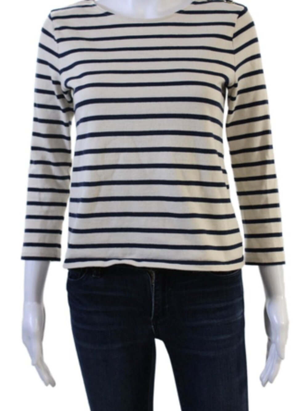 Sezane womens XS striped cotton button navy cream 3/4 sleeve t-shirt